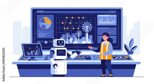 A robot and a person analyze data on a large computer screen displaying charts and graphs, representing technological advancement and data analysis.