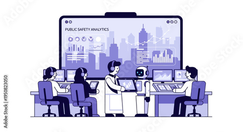Public Safety Analytics team collaborating with an AI robot in a modern control center with city skyline backdrop.