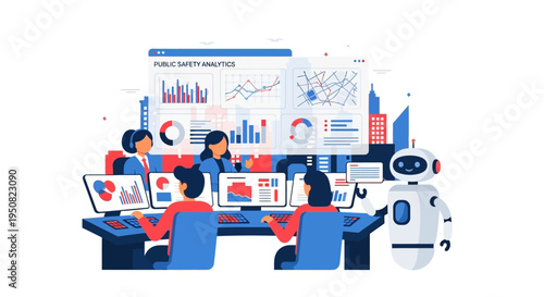Team of professionals analyzing public safety data with charts, graphs, and a robot assistant in a modern control room.
