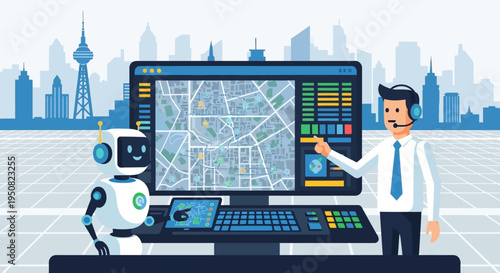 Man and robot collaborating at a futuristic control center with a city map on a large screen.