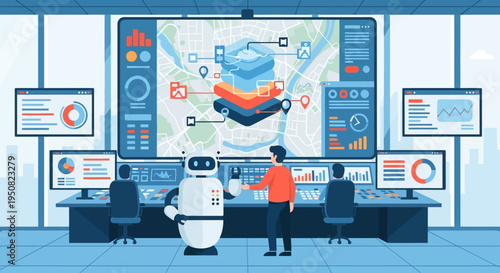 A futuristic control room with a large interactive map display, data visualizations, and a robot assisting human operators.