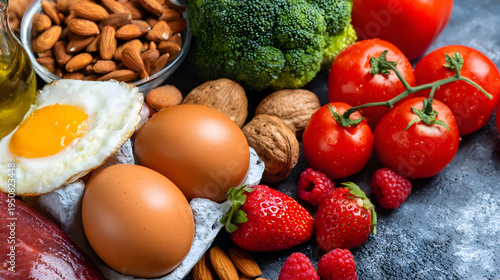 Nutritious Food Assortment Eggs Nuts Vegetables and Berries.