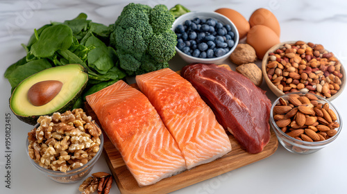 Nutrientrich foods Salmon beef avocado nuts eggs and greens.