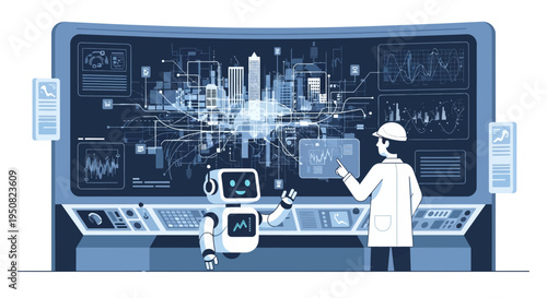 A scientist and a robot collaborate in a futuristic control room, analyzing complex data visualizations of a smart city on a massive screen.