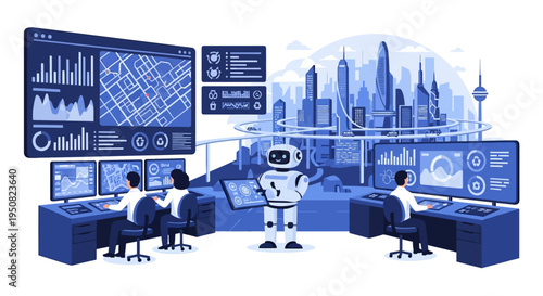 Futuristic control center with advanced technology, data visualization, and AI robot overseeing a modern cityscape.