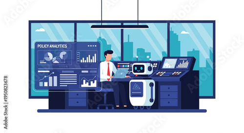 A man in a suit works in a futuristic control room with advanced data analytics displays and a robot assistant.