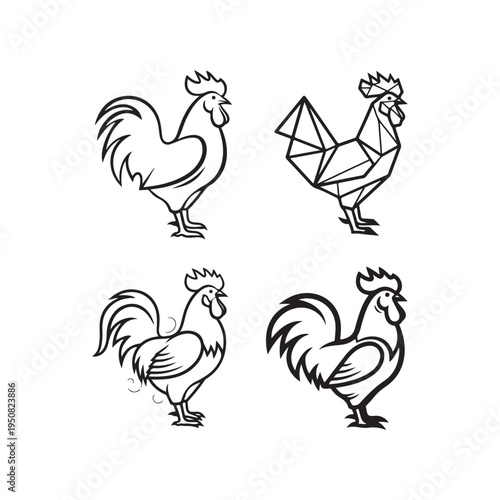 Four different illustrations of roosters in various styles