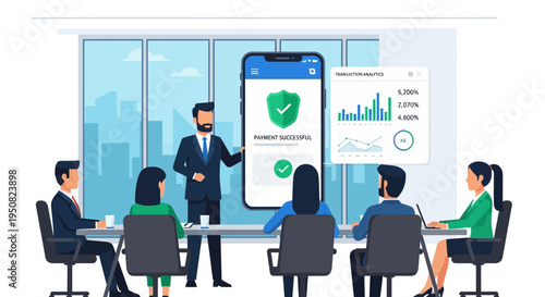 Business meeting where a presenter shows a successful payment confirmation on a mobile app to colleagues in a modern office setting.