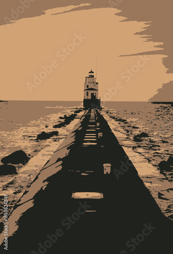 Minimalist Vector Illustration of a Coastal Lighthouse on a Long Pier at Sunset with Sepia Tones