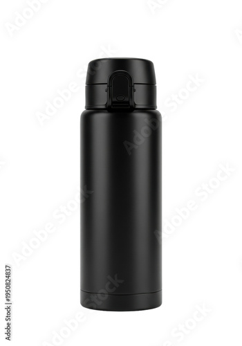 Sleek matte black stainless steel thermal flask with a secure black lid and flip-top spout, perfectly isolated against a transparent background in a high-key studio setting, concept for product