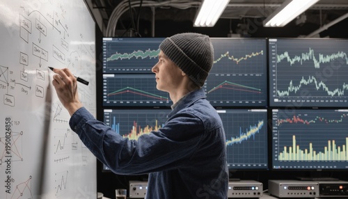 Researcher writing complex factor model variables on a whiteboard in a quantitative lab with screens showing regression charts faintly visible in the background.