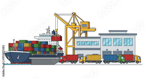 Logistics and shipping industry with cargo ship, cranes, and trucks at the port