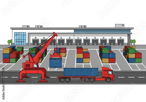 Industrial logistics and cargo transport with cranes and trucks at a warehouse