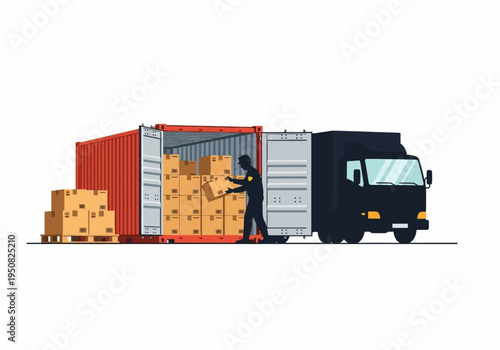 Shipping and Logistics Loading Cargo into a Container Truck for Transport and Delivery