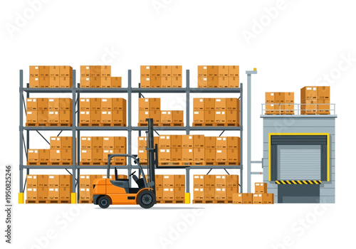 Forklift truck moving boxes in a warehouse storage facility with loading dock and shelves