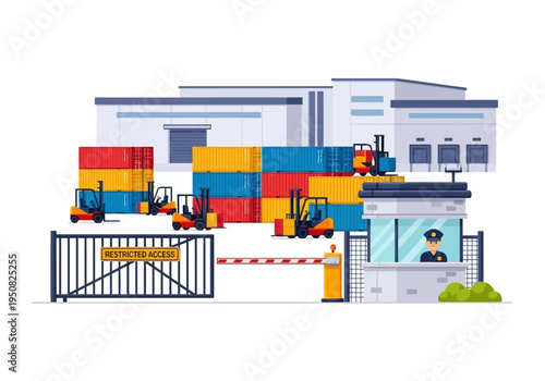 Loading and Unloading of Cargo Containers at a Distribution Warehouse with Forklifts and Security Booth