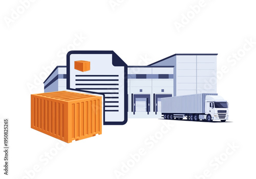 Logistics and shipping warehouse with truck and container, depicting supply chain management