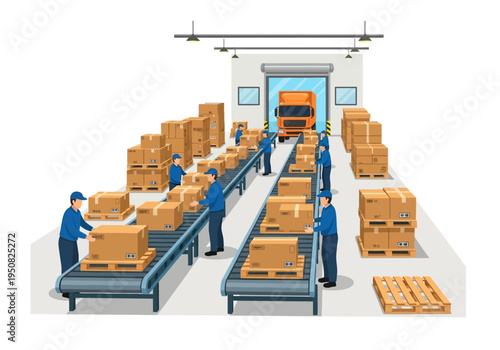 Factory conveyor belt system with workers and boxes in a warehouse