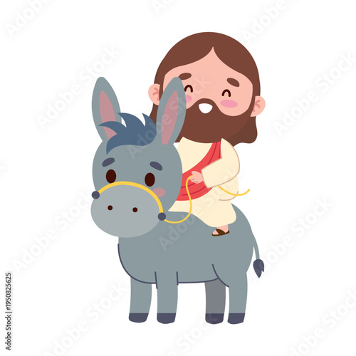 Cute Jesus Riding Donkey Palm Sunday Illustration
