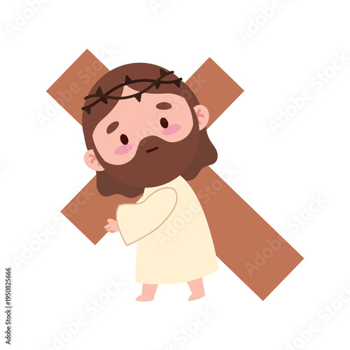 Cute Jesus Carrying Cross Kawaii Style Illustration