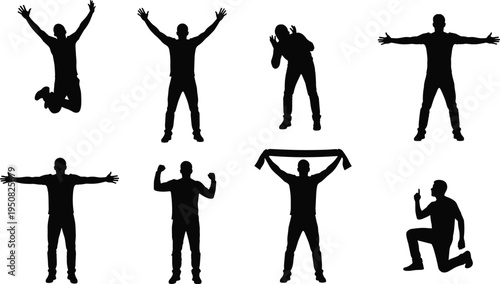 Black silhouettes of man celebrating victory, jumping, cheering, and holding scarf isolated on white background for sports fans and success