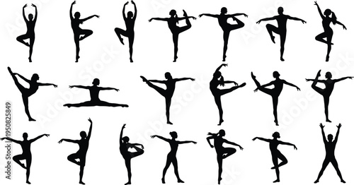Black ballet dancer silhouettes performing various graceful yoga poses and gymnastic movements isolated on white background for creative design projects