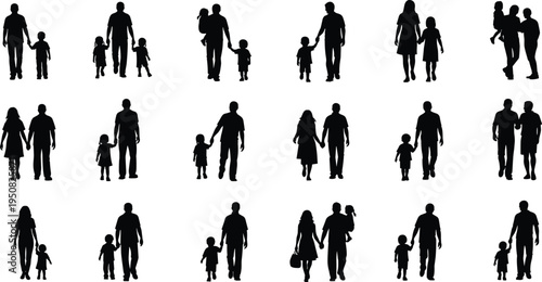 Collection of family silhouettes with parents and children walking together isolated on white background for parenting and happy childhood concepts