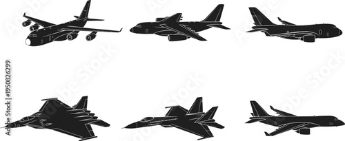 Set of military fighter jets and commercial passenger airplane silhouettes isolated vector illustration collection for aviation transport and defense design