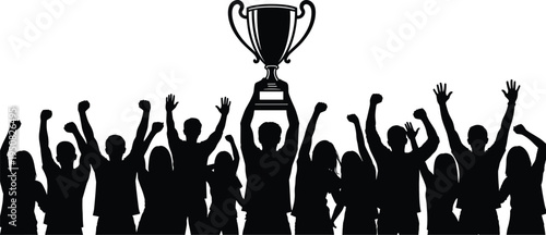 Silhouette crowd celebrating victory with champion trophy raised high teamwork success achievement celebration concept for competition winners fans unity together