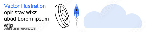 Space exploration, innovation, science education, goal setting, futuristic concepts, creativity. A rocket launching toward a cloud alongside a circular structure. Space exploration and innovation