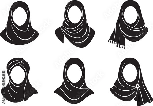 Collection of black and white hijab designs showcasing different styles and draping techniques icon