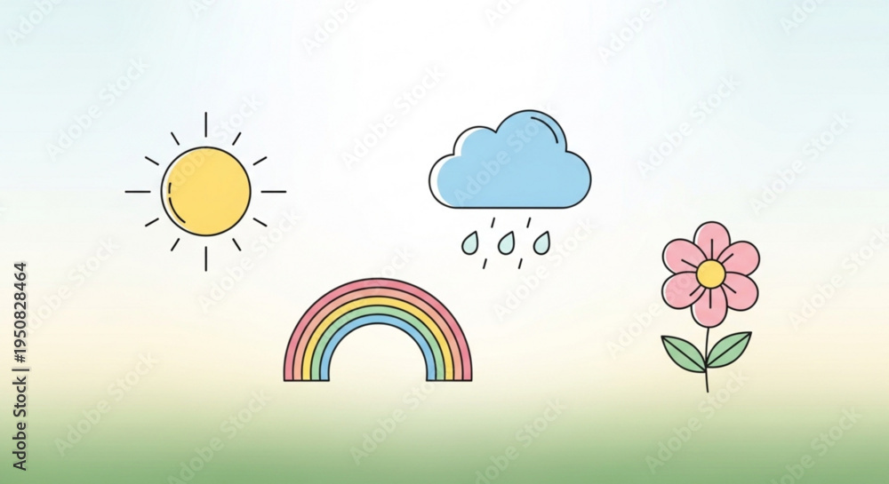 Naklejka premium Colorful illustration of sun cloud with raindrops rainbow and pink flower in green field under blue sky