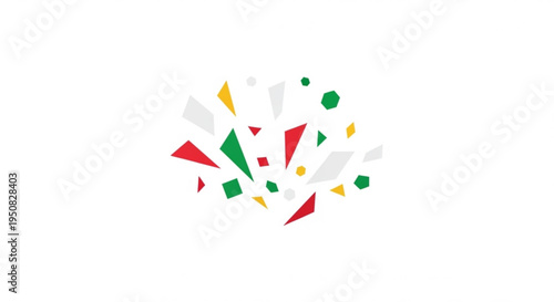 Vibrant geometric shapes in red green yellow and white explode on a clean white background creating a dynamic graphic design element