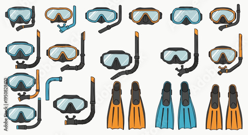 An array of scuba diving equipment arranged to make a decorative pattern. Including fins and masks and snorkels