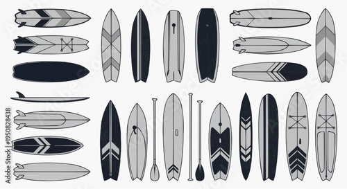 A variety of illustrated surfboards, in different shapes and styles, set against a simple backdrop, showcasing diverse designs