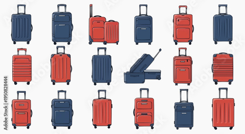 Array of various suitcases for travel, arranged in a grid-like pattern, each showcasing different designs, colors, and sizes