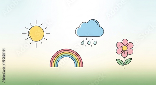 Colorful illustration of sun cloud with raindrops rainbow and pink flower in green field under blue sky