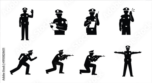 Set of 8 police officer silhouettes vector