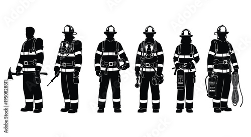 Set of 6 firefighter icons vector, black and white