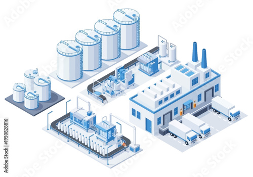 Isometric view of a modern industrial factory with storage tanks and loading docks