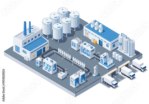 Modern factory production line with automated manufacturing processes and delivery trucks