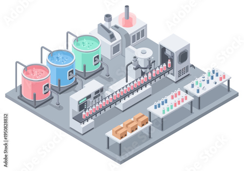 Industrial beverage production line with automated bottling and packaging processes