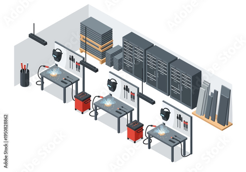 Industrial workshop with welding stations and storage units for manufacturing or fabrication