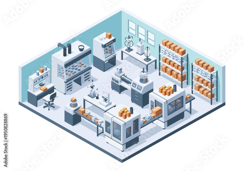 Isometric factory interior with production lines and machinery, showcasing industrial automation and manufacturing processes