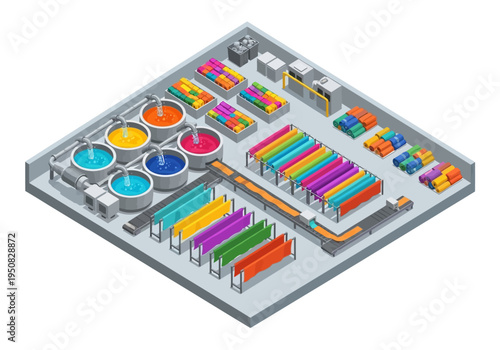 Industrial production line for colorful liquids and products in a manufacturing plant
