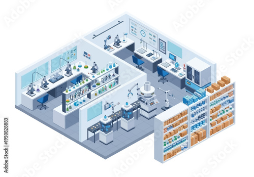 Modern scientific laboratory with research equipment, automated production, and storage shelves, depicting advanced technology and innovation