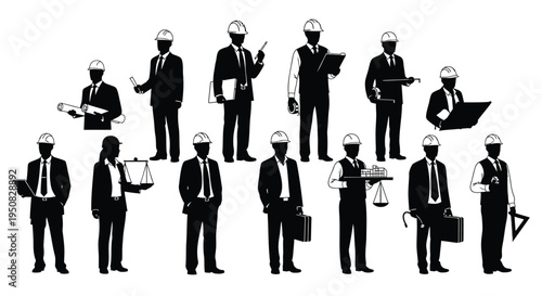 Set of 13 businessmen in hard hats vector