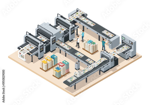 Automated printing press and distribution system with workers overseeing the process