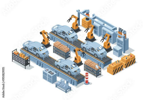 Automotive manufacturing on an assembly line with robotic arms building cars
