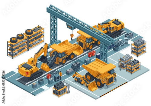 Isometric construction and mining vehicles assembly line in a factory setting